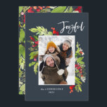 Cartão De Festividades Folhagem de Natal azul tradicional foto rústica<br><div class="desc">Feliz feriado cartão de Natal azul marinho foto. Linda folhagem pintada à aguarela e texto moderno em caligrafia. Parte de uma coleção.</div>