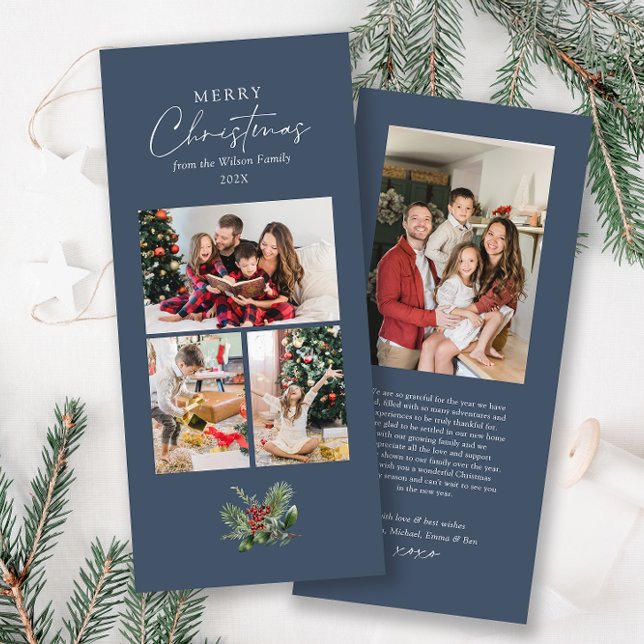 Cartão De Festividades Folhagem de Natal com Colagem de Fotos Simples Azu (Criador carregado)