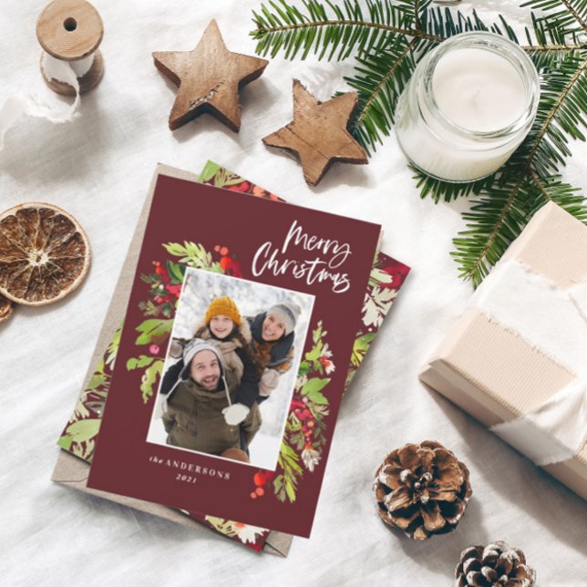 Cartão De Festividades Folhagem de Natal da Burgundy - rusticagem 1 (Criador carregado)