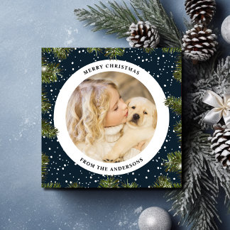 Cartão De Festividades Folhagem de Pinho Neve Foto de Natal Azul