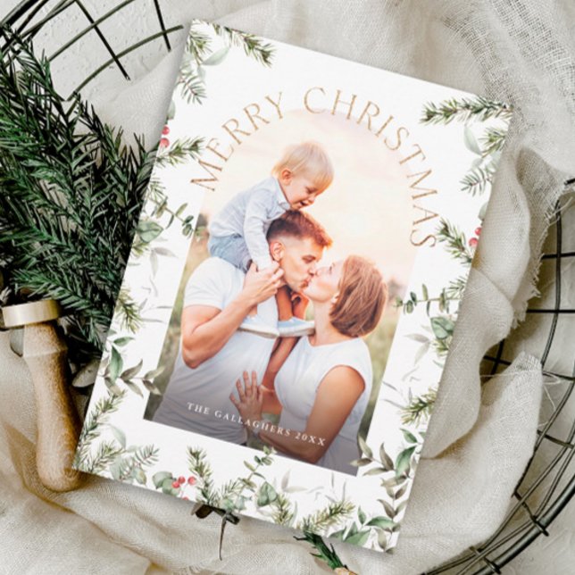 Cartão De Festividades Folhagem Dourada de Natal Foto Glitter (Christmas greenery arch photo holiday card.)