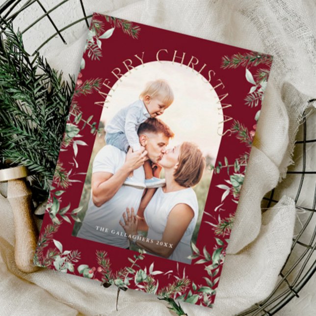 Cartão De Festividades Folhagem Dourada de Natal Foto Glitter (Elegant Greenery Arch Photo Christmas Holiday Card.)