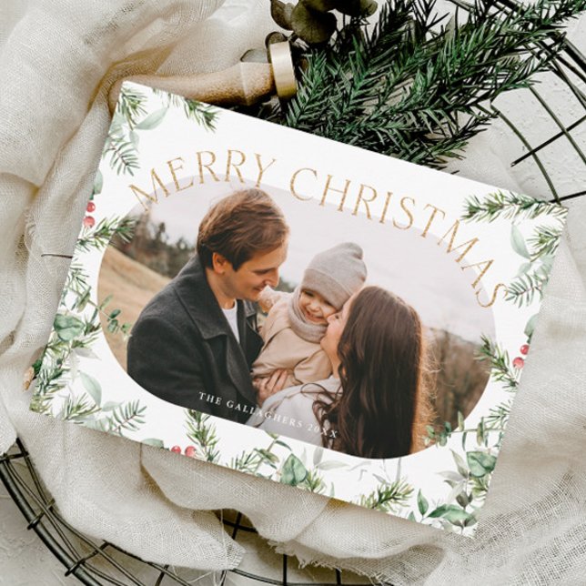 Cartão De Festividades Folhagem Dourada de Natal Foto Glitter (Christmas foliage greenery photo holiday card.)