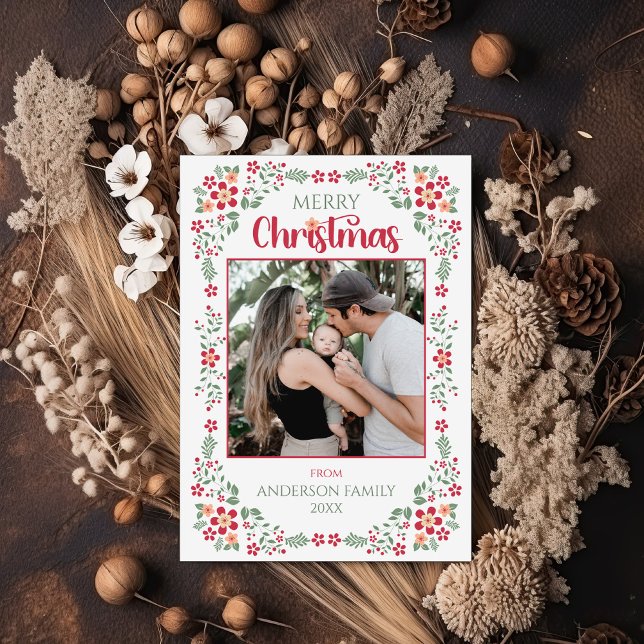 Cartão De Festividades Folhagem Floral Duas Foto Feliz Natal (Criador carregado)