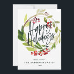 Cartão De Festividades Folhagem moderna de aquarelas quic Feliz Feriados<br><div class="desc">Cartão Holidays moderno de folhagem de cor aquática Feliz. com coroa botânica em na moda verde,  bagas de inverno e roteiro moderno, </div>