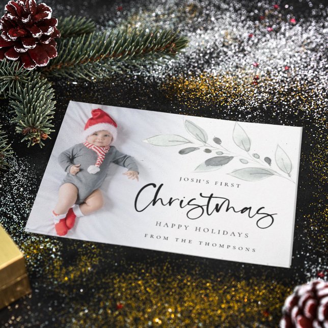 Cartão De Festividades Folhagem Moderna de Foto de Natal de Baby 1rua (Criador carregado)