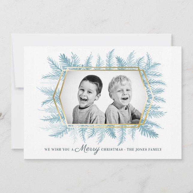 Cartão De Festividades Folhagem perene de inverno aquarela azul (Frente)