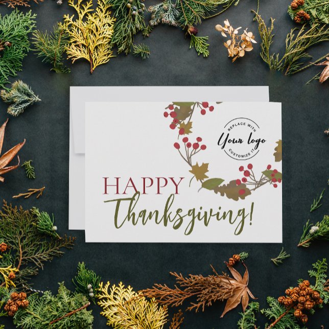 Cartão De Festividades Folhagem Personalizada de Ação de Graças Feliz Que (Happy Thanksgiving autumn foliage wreath custom logo business holiday card.)