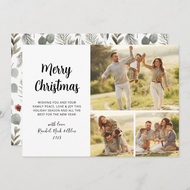 Cartão De Festividades Folhagem Simples Verde 3 Várias Fotos Natal (Frente/Verso)