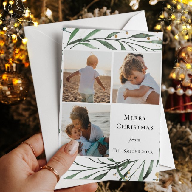 Cartão De Festividades Folhagem Verde Elegante Confetti Watercolor Dourad (Criador carregado)