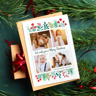 Cartão De Festividades Folhagem Watercolor de Colagem de Fotos da Família
