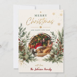 Cartão De Festividades Folhagens de Natal em Aquarela Elegante com Bagas