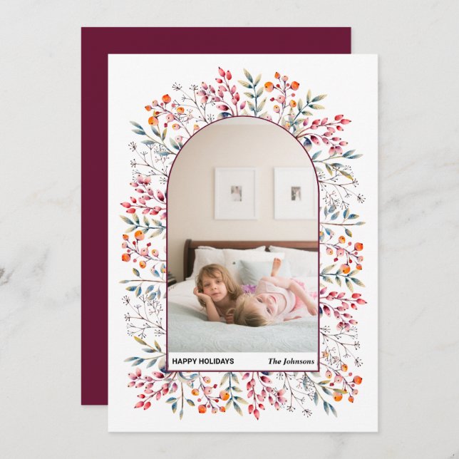 Cartão De Festividades Folhas de aranha e bagas com fotografia de Natal (Frente/Verso)