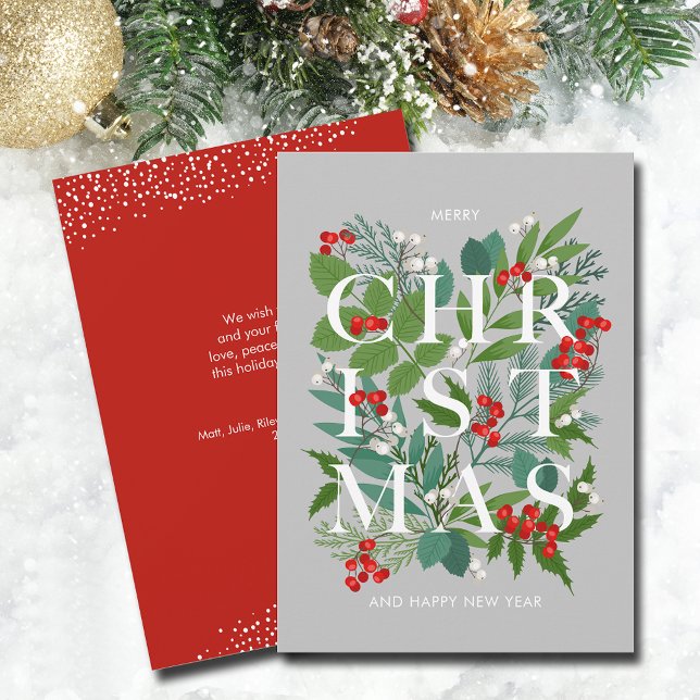 Cartão De Festividades Folhas de Natal e Berries (CHRISTMAS typography leaves and berries flat holiday cards - PRINTED and/or INSTANT DOWNLOAD)