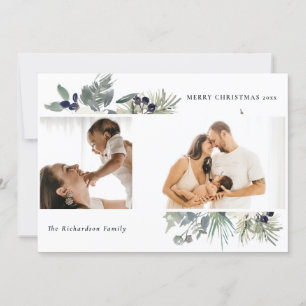 Cartão De Festividades Foliação Verde Desbotado Branco Feliz Natal 2 Foto