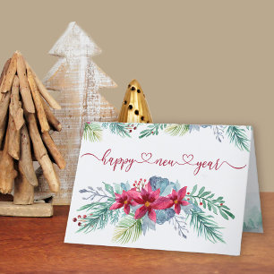 Cartão De Festividades Foliage de inverno Poinsettia Watercolor Ano Novo