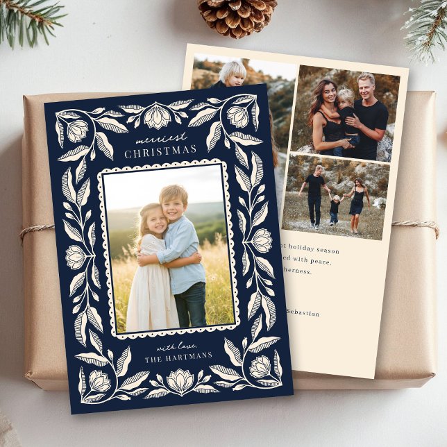 Cartão De Festividades Folk Art Floral Frame Christmas 4 Photo (Criador carregado)