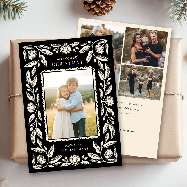 Cartão De Festividades Folk Art Floral Frame Christmas 4 Photo (Criador carregado)