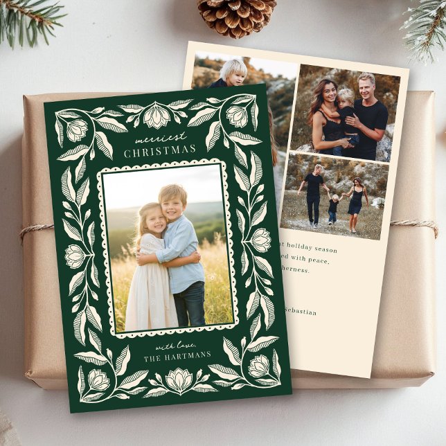 Cartão De Festividades Folk Art Floral Frame Christmas 4 Photo (Criador carregado)