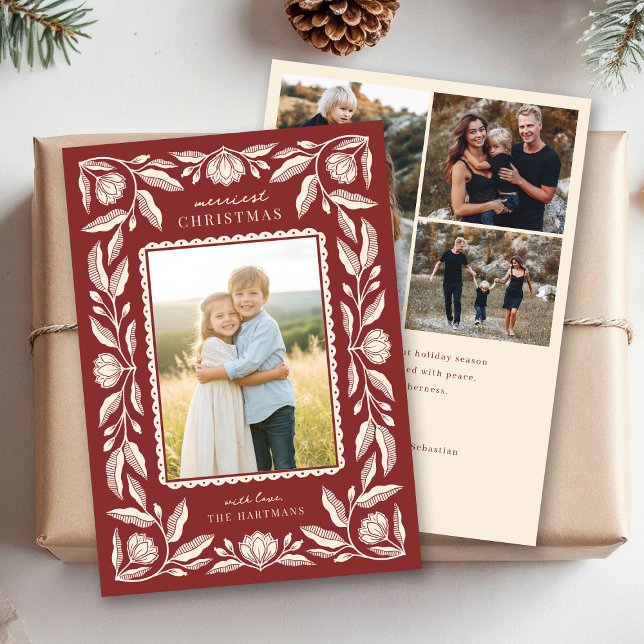 Cartão De Festividades Folk Art Floral Frame Christmas 4 Photo (Criador carregado)