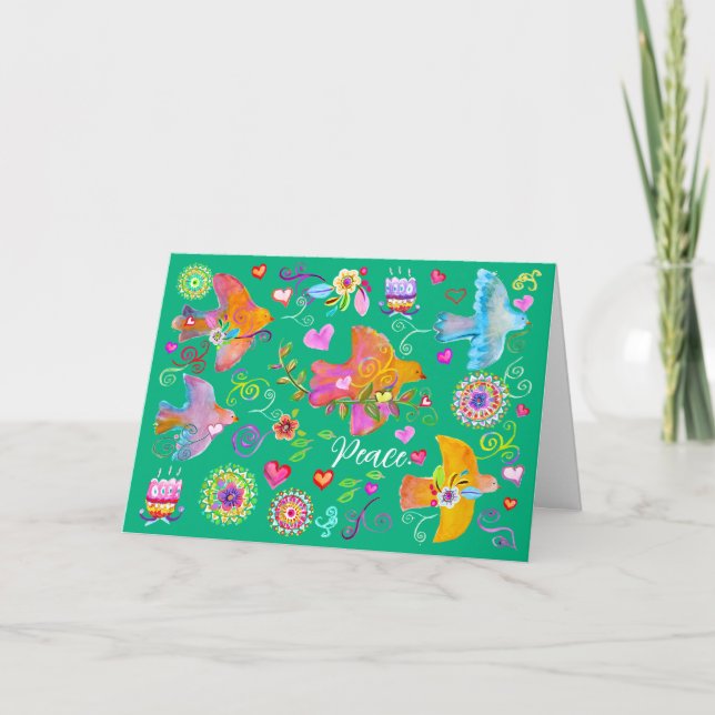 Cartão De Festividades Folk Art Peace Doves Folded Holiday Card (Frente)