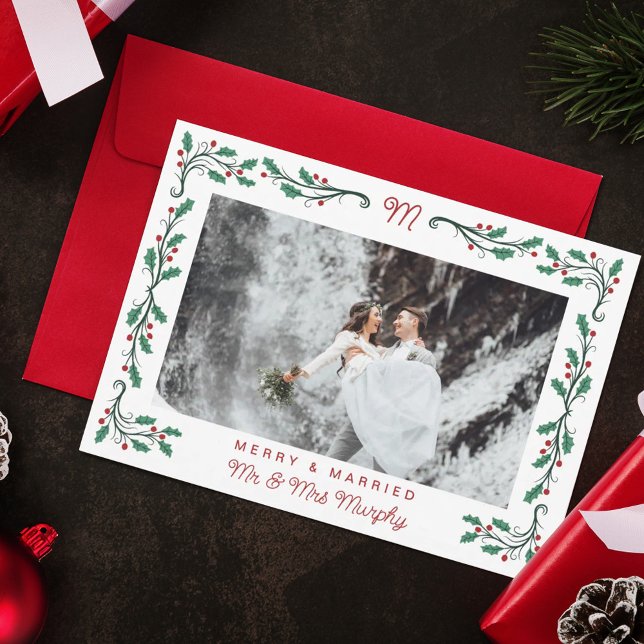 Cartão De Festividades Folk Holly Frame Merry & Married Christmas Photo (Criador carregado)