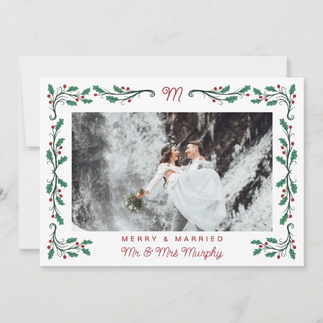Cartão De Festividades Folk Holly Frame Merry & Married Christmas Photo (Frente)