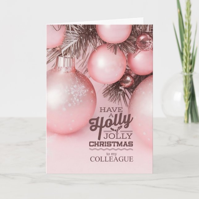 Cartão De Festividades for Colleague Pink Holiday Ornaments Holly Jolly (Frente)