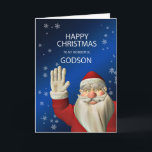Cartão De Festividades For godson, a Santa waving Christmas card<br><div class="desc">A fun Christmas card featuring Santa Claus waving.  Behind him we can see falling snowflakes. A non religious Christmas card suitable for a godson.</div>