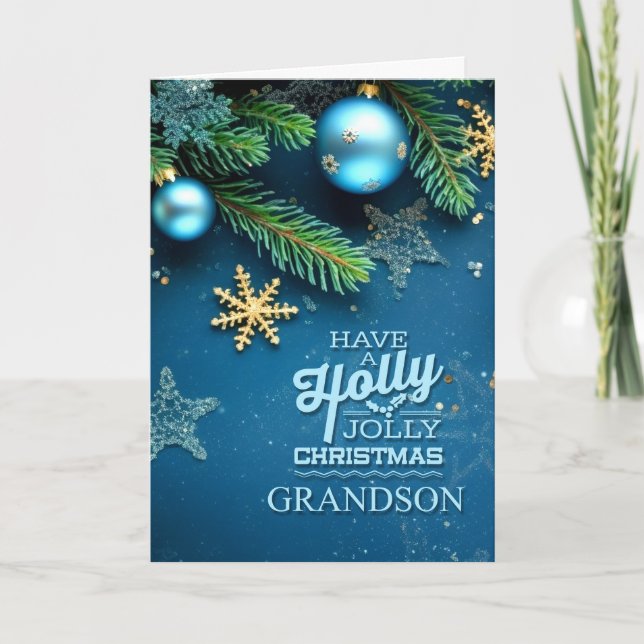 Cartão De Festividades for Grandson Blue Holly Jolly Christmas Ornament (Frente)