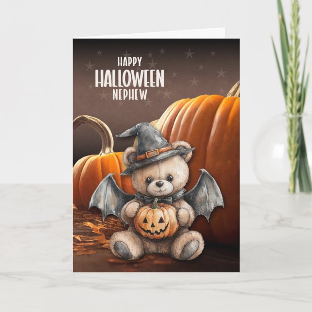 Cartão De Festividades for Nephew Teddy Bear Witch and Wings Halloween (Frente)