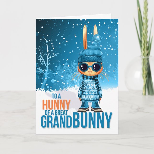 Cartão De Festividades for Young Great Grandson Cute Blue Christmas Bunny (Frente)