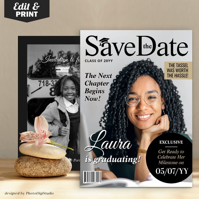 Cartão De Festividades Formatação personalizada da revista Salve o Convit (Modern Graduation Save the Date, Graduation Magazine Cover  Invite)