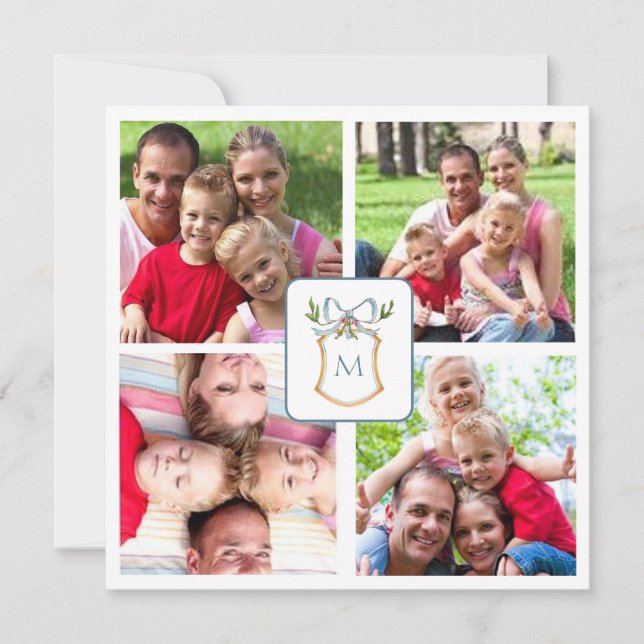 Cartão De Festividades Foto 4 da crista monograma azul e branco (Frente)