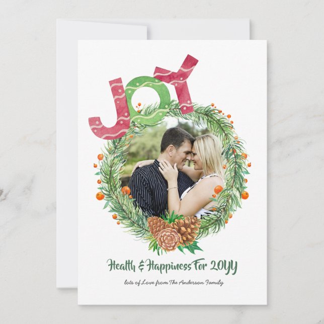 Cartão De Festividades FOTO Anos novos de Natal JOY WREATH Personalizado (Frente)