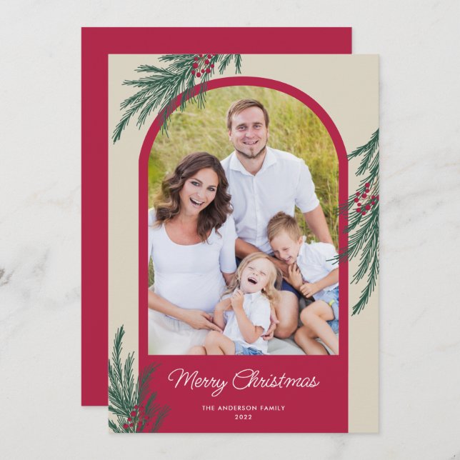 Cartão De Festividades Foto Archada Greenery de inverno Feliz Natal (Frente/Verso)