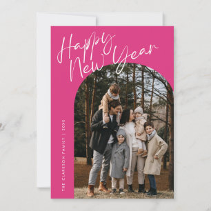 Cartão De Festividades Foto Arco de Ano Novo Feliz com Letra Moderna Rosa