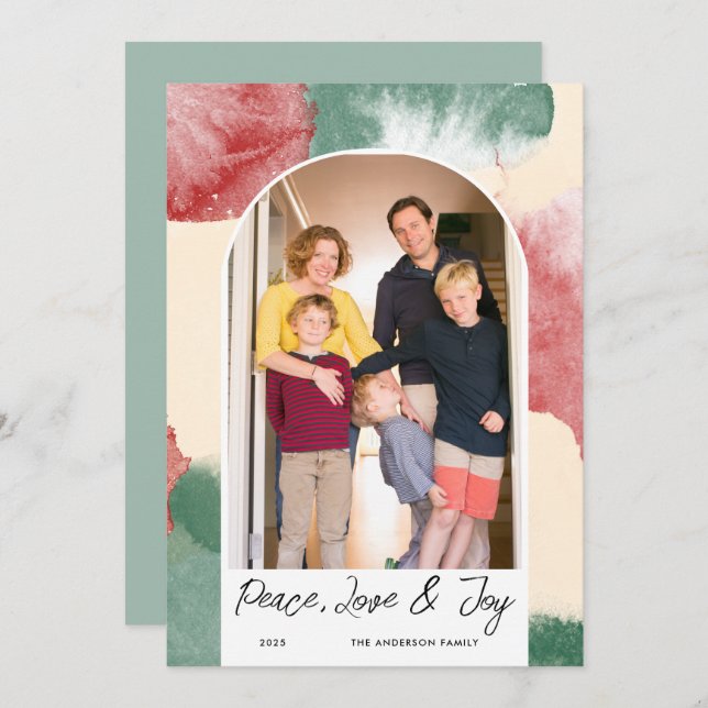 Cartão De Festividades Foto Arqueada Abstrata Aquarela Paz Amor & Alegria (Frente/Verso)