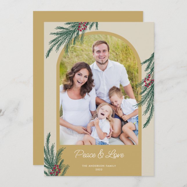 Cartão De Festividades Foto Arqueada Folhagem de Inverno Paz & Amor (Frente/Verso)