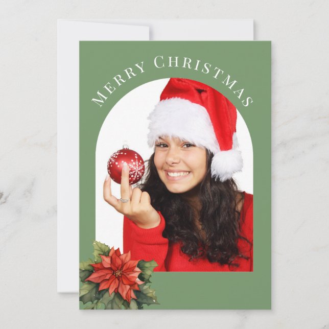 CARTÃO DE FESTIVIDADES FOTO ARQUEADA VERDE POINTSETTIA NATAL (Frente)