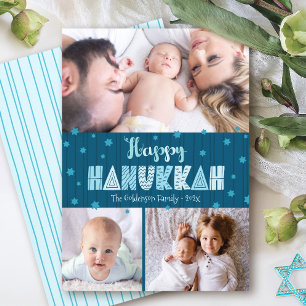 Cartão De Festividades Foto Azul 3 Feliz Hanukkah Tipografia Divertida Mo
