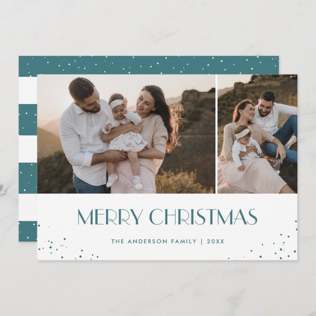 Cartão De Festividades Foto Azul e Branco Feliz Natal (Frente/Verso)