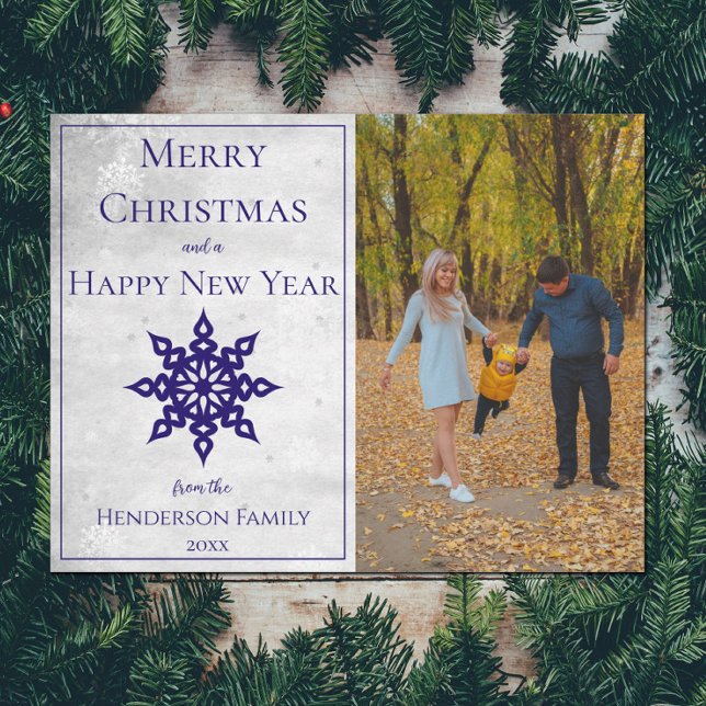 Cartão De Festividades Foto Blue Modern Snowflake (Blue Modern Snowflake Photo Holiday Card)
