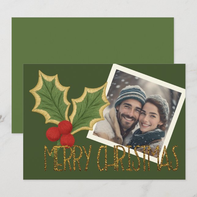 Cartão De Festividades Foto Bordado de Natal com Folhas de Azevinho e Fru (Frente/Verso)