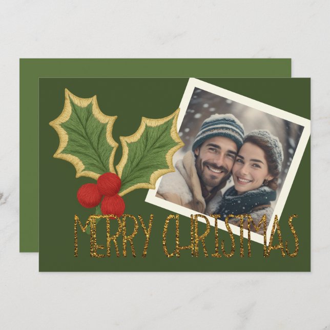 Cartão De Festividades Foto Bordado de Natal com Frutas Vermelhas (Frente/Verso)