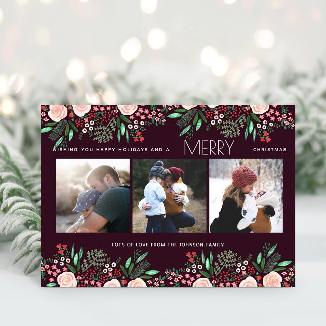 Cartão De Festividades Foto Botânica de Rosas Bonito de Natal Floral (Criador carregado)