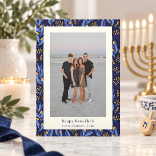 Cartão De Festividades Foto Botânica do Hanukkah Azul Amarelo Boho Modern