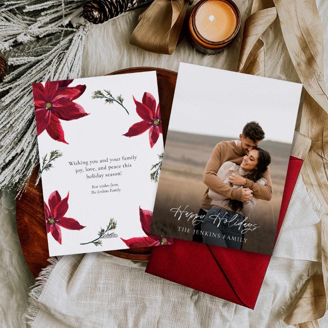 Cartão De Festividades Foto Botânica Elegante (Elegant Poinsettia Photo Holiday Card)