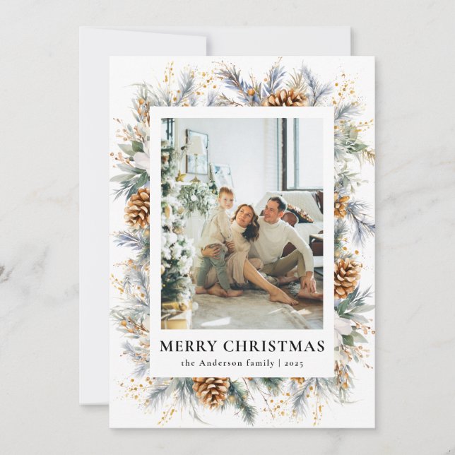 Cartão De Festividades Foto Botânica Elegante Feliz Natal (Frente)