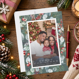 Cartão De Festividades Foto Botânica Verde de Natal Moderno de Inverno